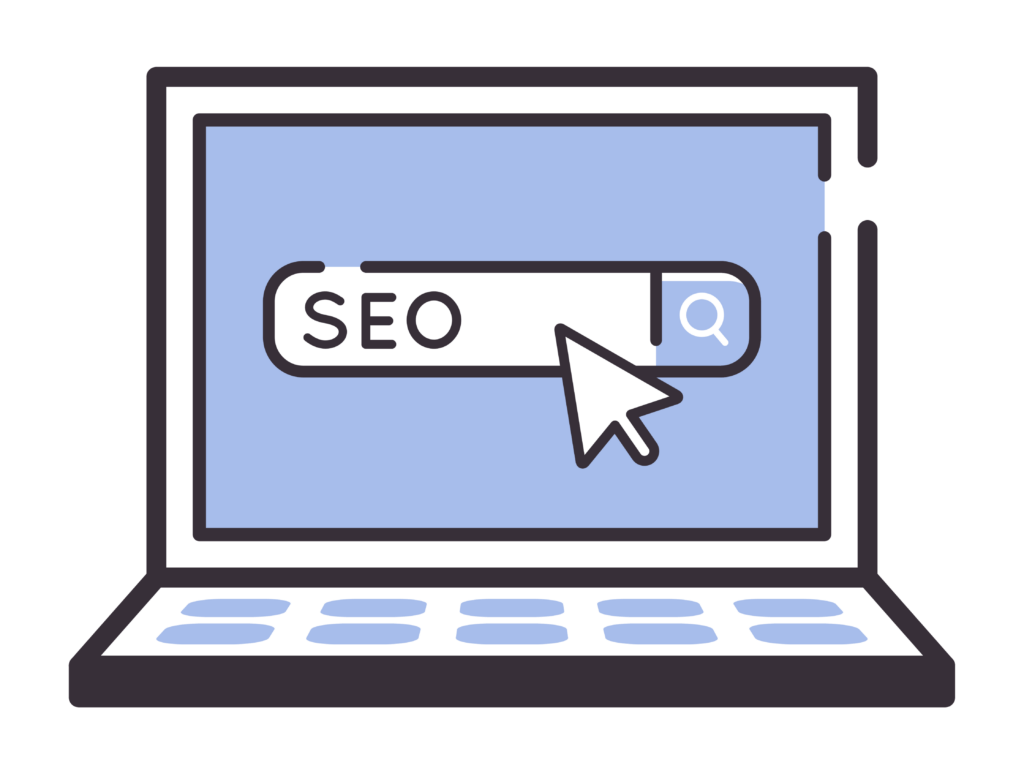 Aufgeklappter Laptop und Suchzeile mit dem Wort SEO auf dem Bildschirm